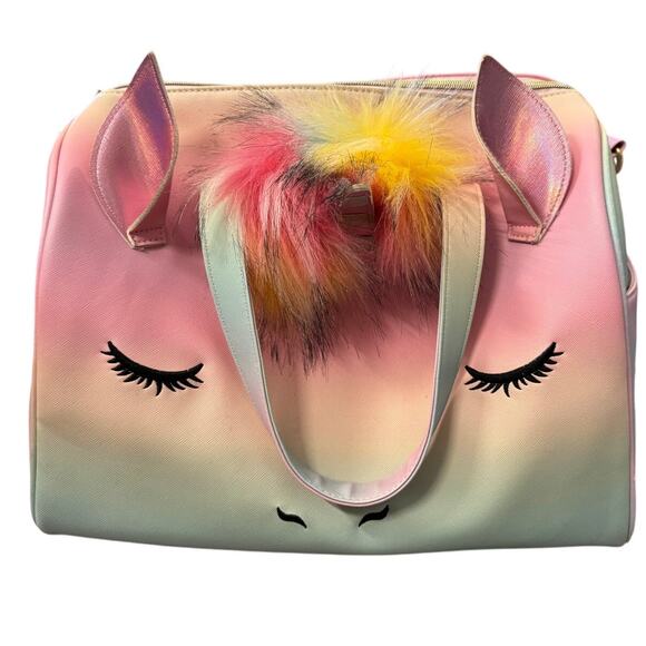 Rainbow Unicorn Tote Bag Pastel Ombre with Furry Horn & Ears Shoulder Strap - Picture 1 of 5